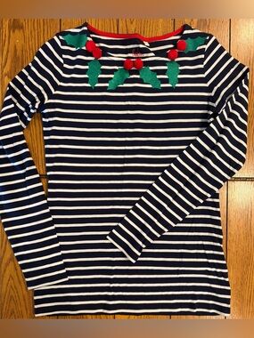 Boden Stripes Ahead of the Rest, Brenton Top, Merry graphics, size 4, navy/white